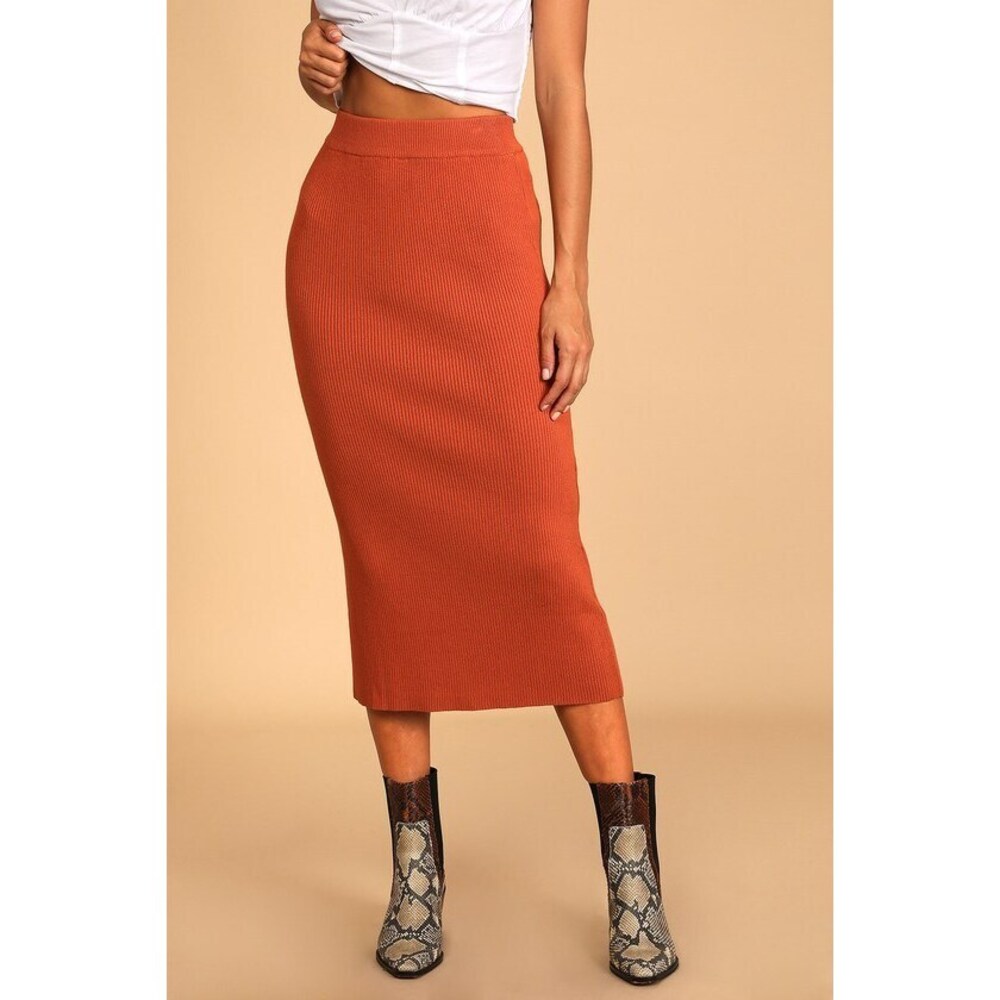 Lulus Seasonal Fave Rust Orange Ribbed Knit Midi Sweater Skirt - Size M